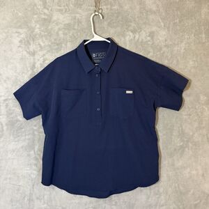 FIGS Womens L Navy Blue Button Collared Short Sleeve Scrubs Shirt Top